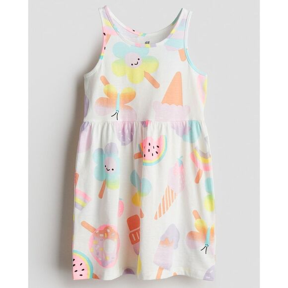 H&M Girls Pastel Colors Summer Ice Cream Flowers Cotton Tank Top Dress Size 8-10 - Picture 1 of 3